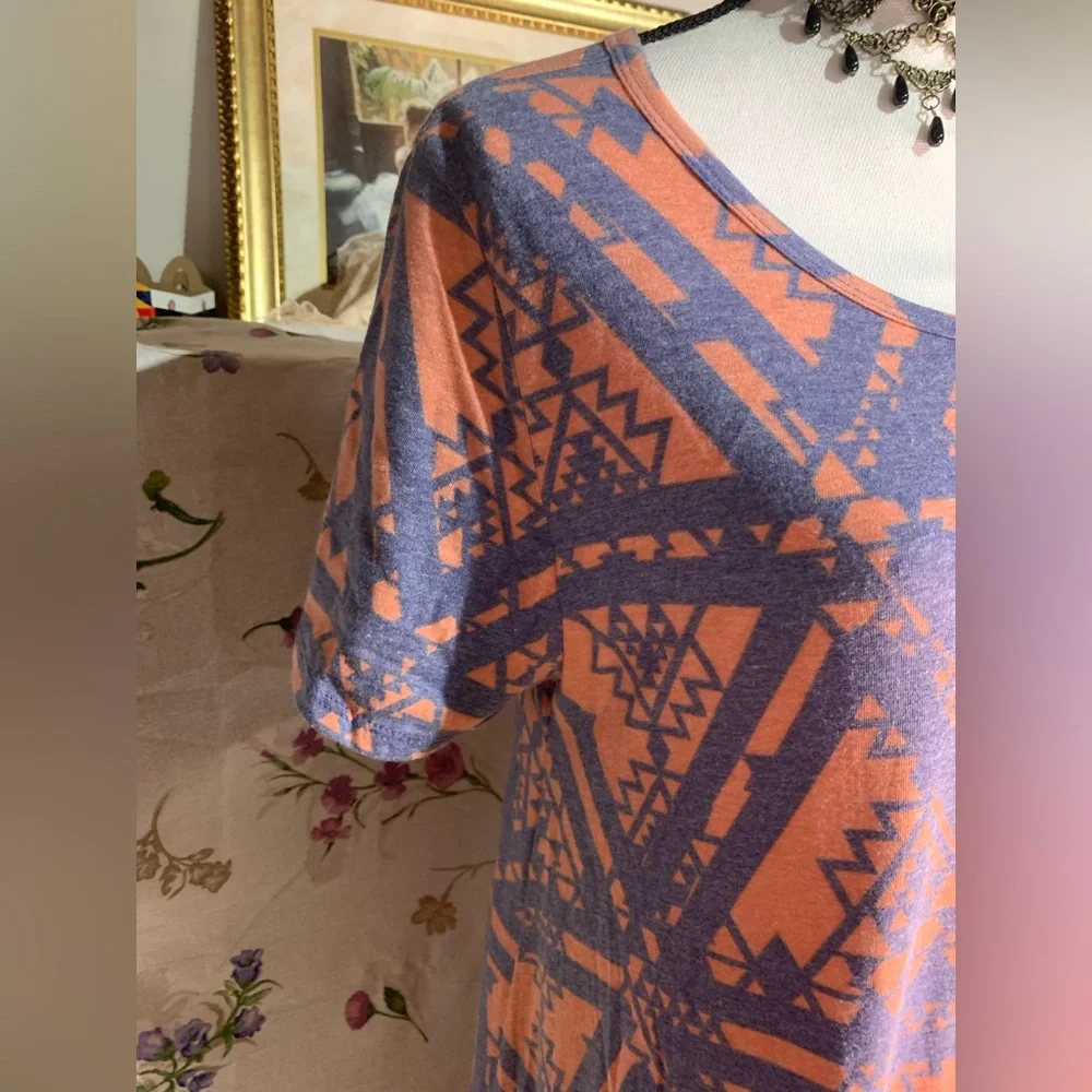 ❌SOLD〽️Lularoe Carly Heathered Coral Blue Aztec Print Dress - Picture 2 of 9